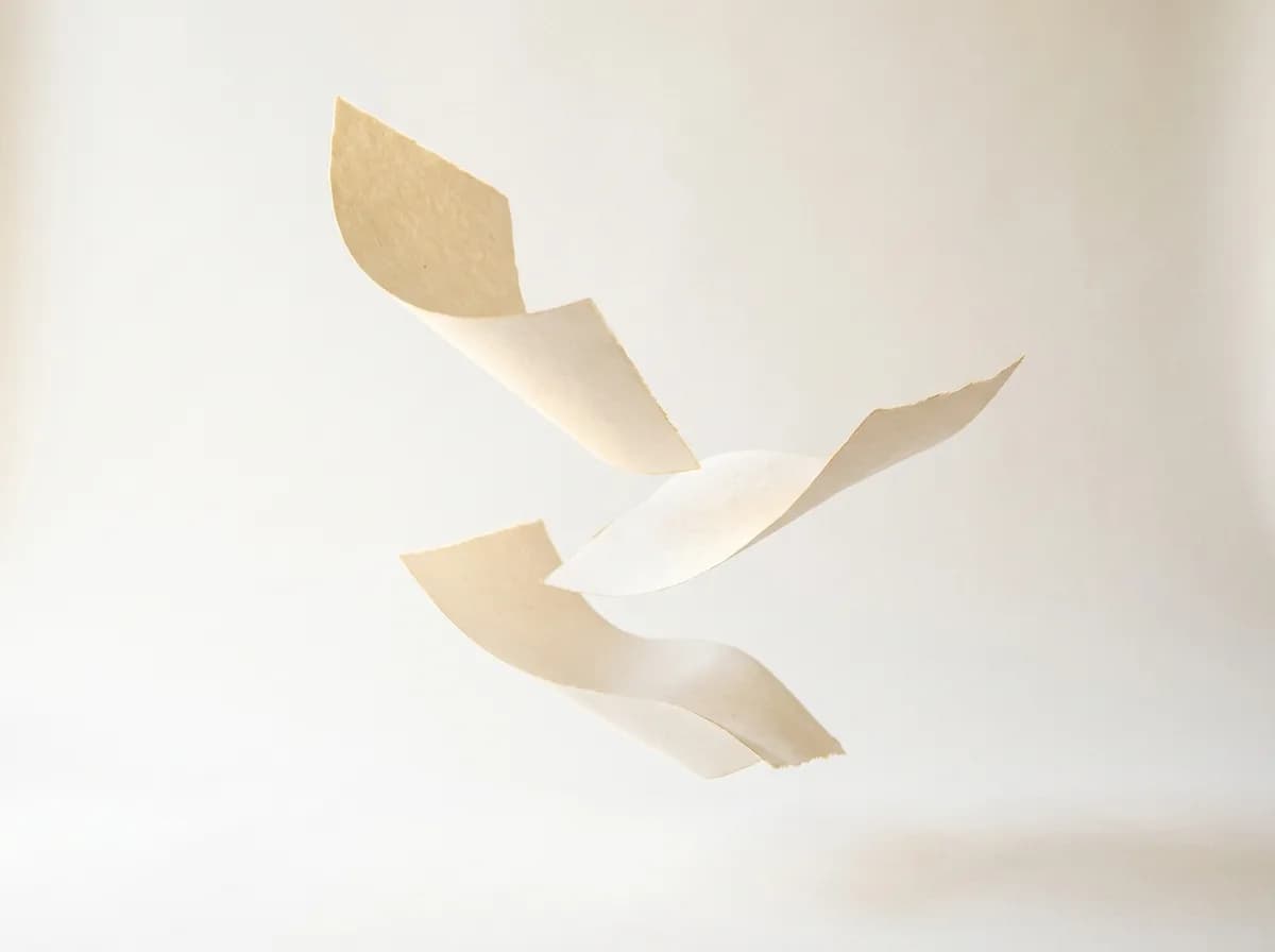 Hojas de papel crema suspendidas en el aire, simbolizando historias y memorias compartidas