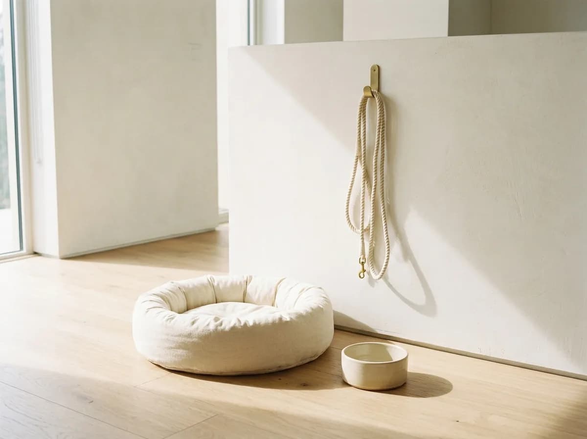 Correa de algodón colgando de un gancho dorado en una pared blanca luminosa